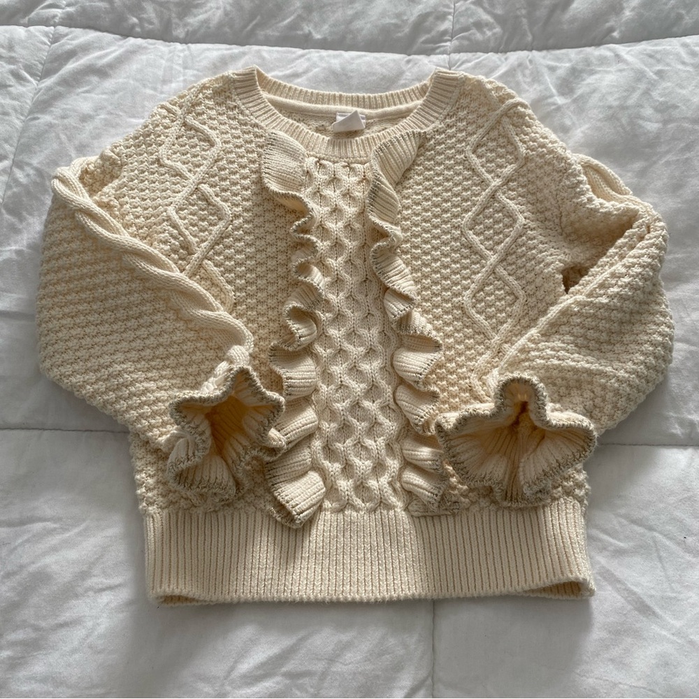 BabyGAP girl size 4 sweater Cream Gold Metallic Textured Knit Sweater ruffle hem - Picture 2 of 15